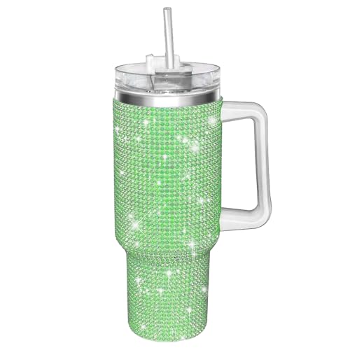 HWISDMIG 40oz Tumbler with Handle-Glitter Rhinestones Tumbler Bling Cups Stainless Steel Water Bottle Diamond Studded Tumbler for Women-Birthday Gifts for Women, Mom, Girlfriend (Green)
