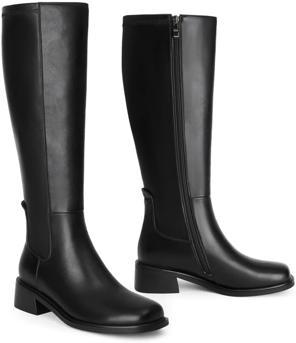 Knee High Boots Women Faux Leather Elastic Boots Low Heel Square Toe Side Zipper Fall Long Tall Boots for Women - Image 6