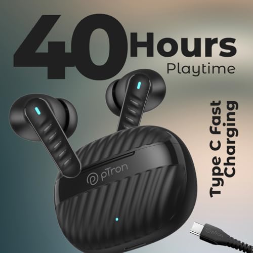 Image of pTron Bassbuds Bliss TWS Ear Buds w / 4 QuadPro Mics, 3D Audioscape, AI-ENC Calls, 40H Playtime, 50Ms Low-Latency Game /Music Modes, BTv5.3, Type C Fast Charging & IPX5 Water Resistant (Obsidian)