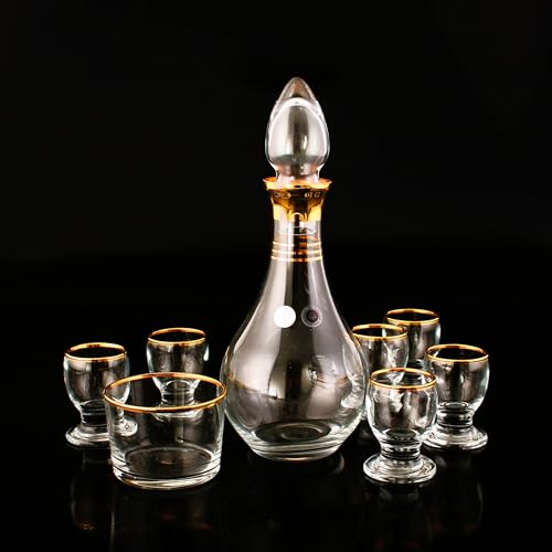 golden pet Traditional Glass Zamzam Serving Set, Zemzem Takimi, Vintage Turkish Zamzam Water Set of 8, 1 Carafe Bottle, 1 Date Bowl, 6 Glasses, Pilgrimage Souvenir from Mecca (Gold-Transparent)