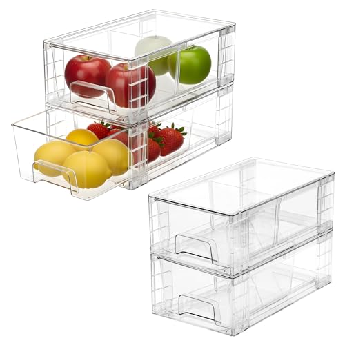 4 Pack Stackable Storage Drawers,Plastic Organizers Bins, Drawers Storage with Handles and Movable Dividers for Organiza - Detailed View