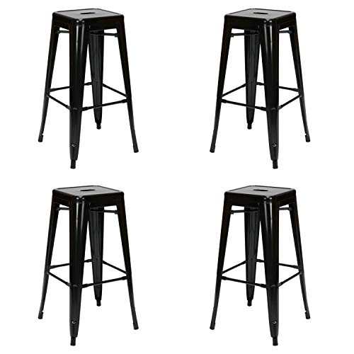 Vaukura Taburete Alto Oliix Pack 4 - Taburete Industrial Metálico Brillo (Negro) Cover