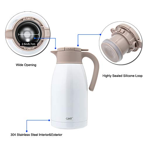 GiNT Stainless Steel Thermal Coffee Carafe with Lid/Double Walled Vacuum Thermos / 12 Hour Heat Retention (White, 1.9L) - Thumbnail 4