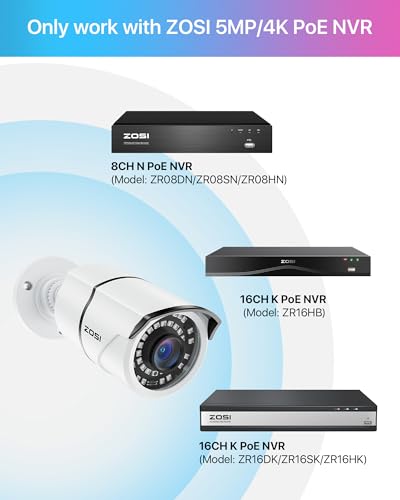 Image of ZOSI 4 Pack 5MP Add-on PoE Security Cameras with Ethernet Cables, Outdoor Indoor Weatherproof Metal Bullet Camera, 120ft Night Vision, Only Compatible with Same Brand 4K /5MP PoE NVR CCTV System