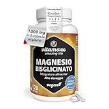 Magnesio Bisglicinato 1500 mg in sole 2 capsule piccole al giorno altamente dosate, 300 mg magnesio elementare, Anti Stress, Fatica e Dolori Muscolari, Rilassante, 120 capsule vegane, Made in Germany