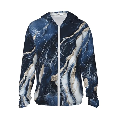 UPF 50+ Sun Protection Hoodie Long Sleeve Marble Navy Blue Sun Shirt Rash Guard Fishing Shirts for Men