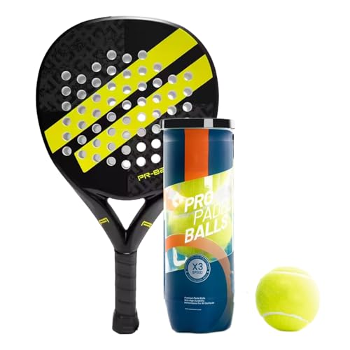 Raquette de padel jaune et noir et 3 balles pour progresser au club