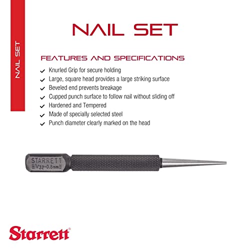 Starrett Nail Set With Large Square Head, Beveled End And Knurled Grip For Secure Holding - Hardened And Tempered Steel, 4" Length, 1/32" Punch Diameter - 800A #TOP1