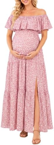Talisea Maternity Off Shoulder Ruffle Maxi Dress Pregnancy Baby Shower, Pink Floral, XL