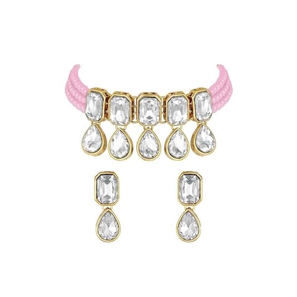 Fashion Women Matte Plated Crystal Pearl Traditional Ethnic Bridal Choker Necklace with Earrings Jewellery Set for Women And Girls Colour Babypink