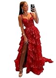 Wchecalino Lace Applique Tulle Prom Dresses Sparkly Sequin 2026 Red Long Slit Tiered Ruffle Corset Formal Evening Ball Gowns 6