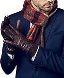 YISEVEN Gants en Cuir Peau de Mouton Agneau Véritable pour Homme Nouveau Hiver Plein Doigt Polaire Doublée Écran Tactile Chaud Long Poignet avec Ceinture de Travail Conduite Cadeau, Marron L
