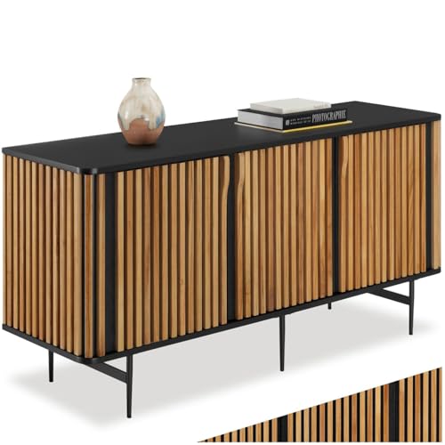 tectake® Aparador Entrada con 3 Compartimentos y Estantes Ajustables, Puertas Magnéticas, Estanterias Almacenaje, Muebles Auxiliares, Aparadores para Salon - 156 x 45,5 x 74 cm Negro/Marrón