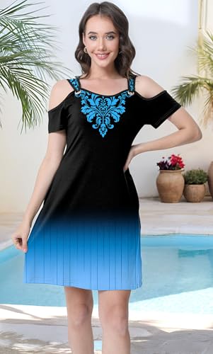 Image of GUNEST Womens Summer Dress Cold Shoulder Scoop Neck Short Sleeve Spaghetti Strap with O Ring Fashion Sundress with Pockets