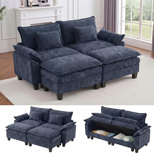 Image of IPKIG 82.3 inch Modular Cloud Couch with Storage, U Shaped Sectional Sofa with Ottoman & Pillow, Chenille Deep Seat Sectional Couches for Living Room, Apartment, Blue