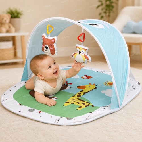 Image of Zest 4 Toyz Baby Play Mat Activity Centre My First Gym Foldable Laying Mat with Hanging Rattles Toys Washable Mat Gym for 6 Months Babies - Blue Made in India