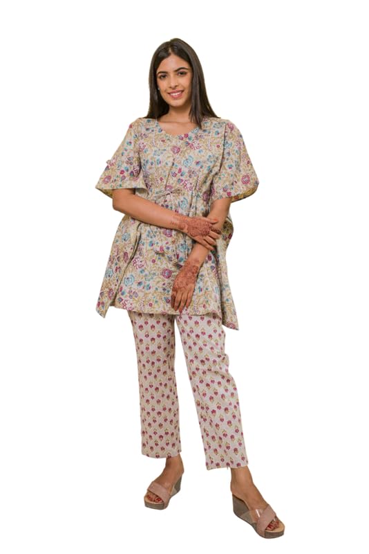 Women's Pastel Grey Vine Print Cotton Kaftan Co-ord Set | Top & Pant Set with Pocket | Summer Ethnic Wear | Relaxed Fit Loungewear for Women-image-26