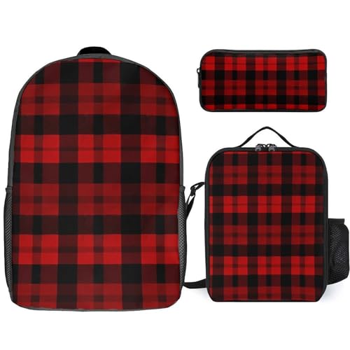 3 Piece Backpack for Women Men Lightweight Causal Daypack Shoulder Bag Set with Insulated Lunch Bag And Pencil Case Organizers Plaid Red And Black
