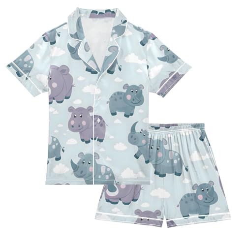 ALAZA Cute Rhinocero Cloud Pajamas Satin Pajama Set Short Sleeve Button Down Sleepwear