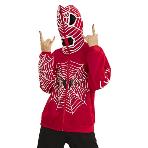 Spider Hoodies for Women Y2K Oversized Spider Web Vintage Graphic Zip Up Hoodie Sweatshirt Jackets Red Medium