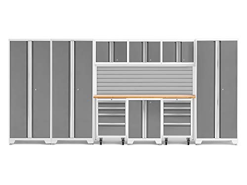 Image of NewAge Products Bold Series White 10 Piece Set, Garage Cabinets, White with Bamboo Worktop, 56980