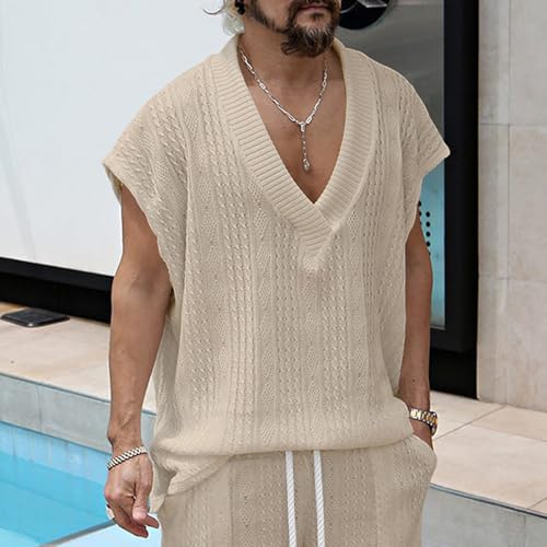 Men's Sweater Vest Relaxed Fit V Neck Sleeveless Knitted Pullover Cable Knitted Casual Soild Loose Plus Size Waistcoat2