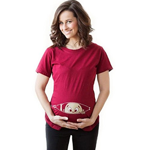 Women's Red Half Sleeve Cute Sneak Peek Child Printed Pregnancy Maternity Regular Fit T-Shirt Top Tee-image-27