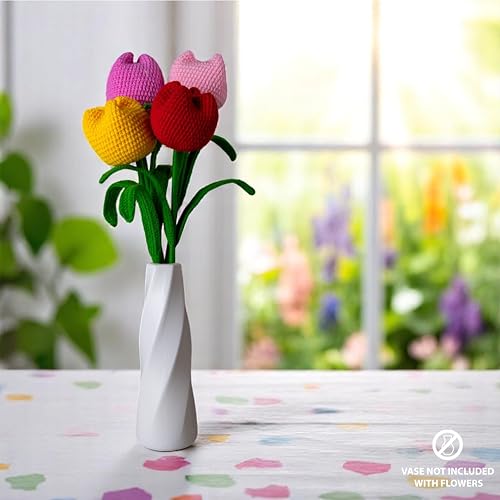 Image of Tulip Crochet Flowers | Handcrafted Artificial Woolen Flower with Long Stem | Natural Looking Knitted Flower for Home, Living Room, Vase & Bouquet Decoration & Gifting |Red-Yellow-Pink-BabyPink