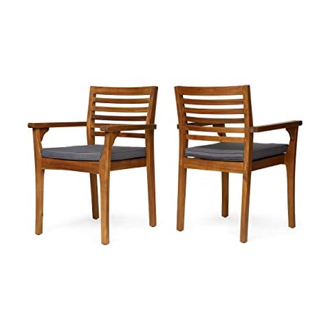 Great Deal Furniture Esther Patio Dining Chairs, Acacia Wood and Outdoor Cushions, Teak and Dark Gray (Set of 2) Cover