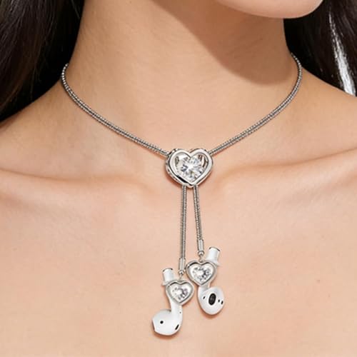 Anti-Lost Necklace, Sterling Silver Heart Pendant Earphone Holder Chain, Bling CZ Inlaid Wireless Earbud Lanyard for Women, Fashion Jewelry Gift for 1/2/3/Pro(Heart-Shaped Pendant Style)