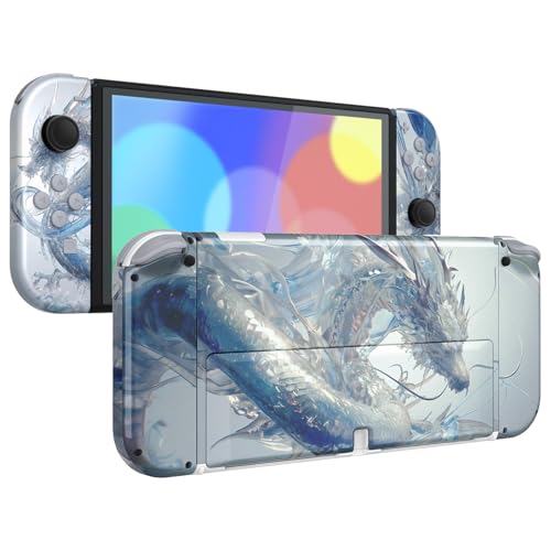 eXtremeRate Carcasa Completa para Nintendo Switch OLED, Tapa Trasera & Soporte Placa con Botones Coloridos para NSO, Funda Protectora NS Joycons - Dragón de Cristal
