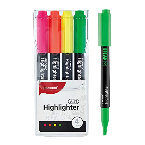 MONAMI Highlighter 601, Chisel Tip (1~4mm), Fade-resistant, Flouorescent Ink Highlighters, Assorted Colors, 4-Pack