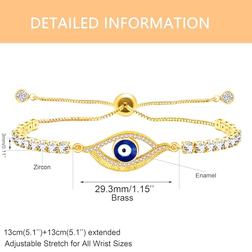 Image of Devil's Eye Charm Bolo Bracelet for Girls and Women Adjustable Sliding Button Tennis Bracelet with Cubic Zirconia Chain, Lucky Protection Bracelet Gift YA4896