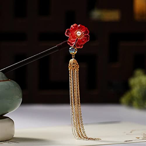 YQBUER Robe Step Shake Hairpins Clips Long pavages Rouges Fleur de Cristal Fleur en Bois Poil Cover