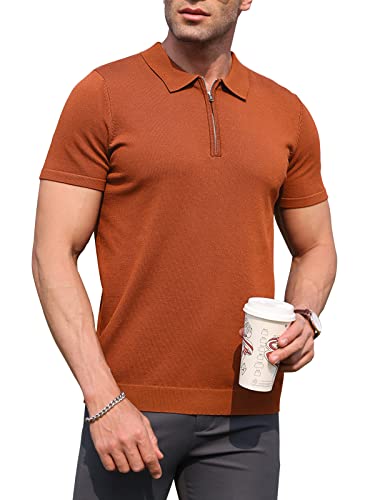 RQP Mens Zipper Polo Shirts Knit Wrinkle Free Casual Shirts Short/Long Sleeve,Stretch Fit Golf Shirts,Soft Pullover,Rust Red XXL