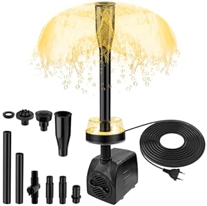 NATPOW Mini-waterpomp 800L/H 15W met Warm wit licht LED, Fonteinpomp voor buiten met 3M kabel, 3 sproeiers voor fonteinen zwembaden tuinen waterpartijen visbakken en aquaria