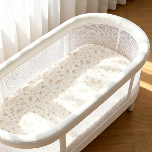 Image of Organic Baby Bassinet Sheets 2 Pack 33 inchx17 inch 100% Muslin Cotton for Baby Girl Boy, Soft Fitted Mattress Pad Cover Compatible with Halo BassiNest Swivel Sleeper, Graco, Baby Delight, Chicco, Angelbliss