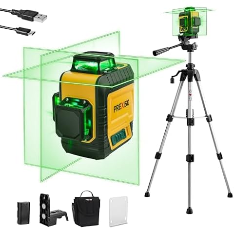 PREXISO 3 X 360° Laser Level with Tripod - Rechargeable 82Ft Cross Line Leveler, Green Line Laser Level Self Leveling for Construction, Tile, Home Renovation with Magnetic Base, Iron Plate, Bag Cover