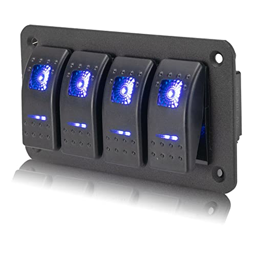Panel de interruptor basculante de 4 bandas 12 V/24 V - Panel de interruptor basculante 5 pines - Impermeable con luz LED azul y etiquetas adhesivas DIY para barco, coche, caravana, yate
