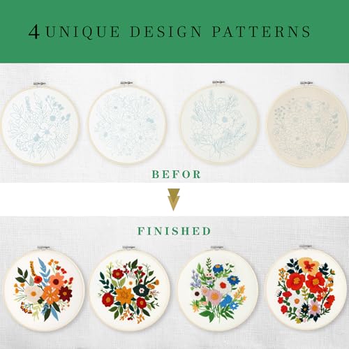 Image of SevFan 4 Sets Embroidery Kit for Beginners Adults,Needlepoint Kits for Adults with Easy Stamped Floral Pattern Fabric Hand Crafts,Bamboo Hoop,Needle,Cloth,Embroidery Kit for Decor Home Room(Flower-4)