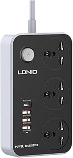 وصلة كهرباء شحن سريع بثلاث فيش كهربائية، PD20W وثلاث مقابس USB 3.0 شحن سريع من لدنيو SC3412 - رمادي