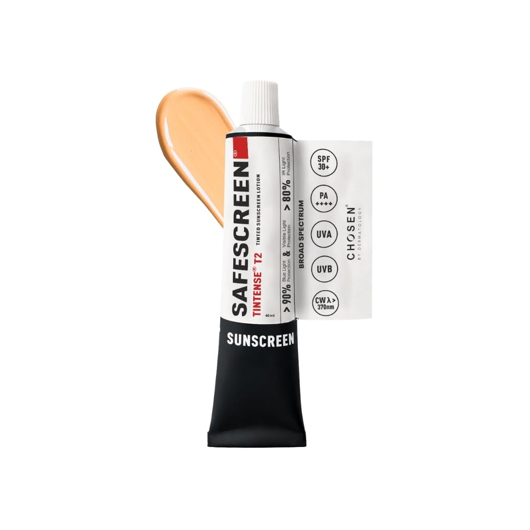 CHOSEN® SAFESCREEN® Tinted T2 (Buff) Pure Mineral Tinted Sunscreen Lotion SPF 30+ PA++++ | 100% Mineral UV Filters | Broad Spectrum UVA, UVB, Blue Light & IR Protection | Non-Nano Zinc Oxide | Pregnancy & Nursing Safe | For Light to Medium Indian Skin | 40ml