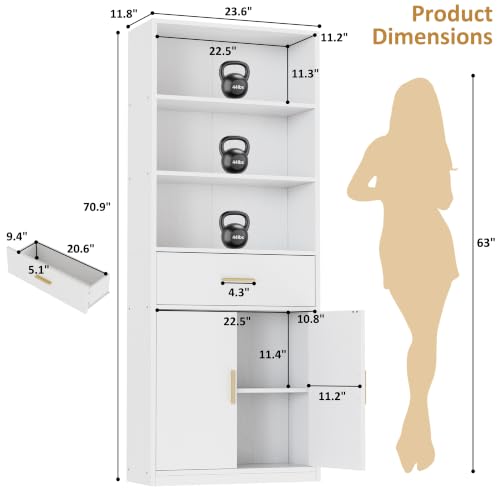 Image of Shintenchi Bookshelf,6-Tier Bookcase with 1 Drawer & 1 Cabinet, 6 Shelf Display Storage Shelves Floor Standing 70.6 inches Tall Bookcase for Home Office, Living Room (White)