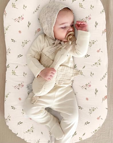 Image of Muslin Baby Lounger Cover 2 Pack, Soft Breathable Newborn Lounger Pillow Cover for Boys Girls Infant (Petal Leaf)