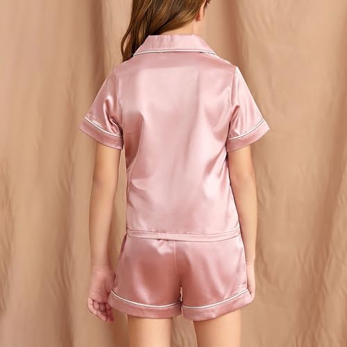 Kids Boys Girls Short Sleeve 𝗦ilk 𝐏a𝐣ama Set Button Down Satin 𝐏ajamas with Shorts Plain Sl𝐞epwear Summer 𝐏𝗝s3