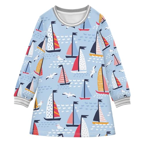 OTVEE Toddler Girl Long Sleeve Dress Sailboat and Seagulls Summer Bright Casual Tunic Playwear Basic Party Dresses,4T