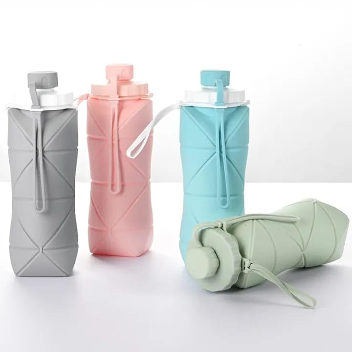 Image of Foldable Silicone Water Bottle with Leakproof Lid & Carry Strap | Portable Collapsible Travel Bottle for Gym, Outdoor, School & Office | Reusable BPA-Free Water Bottle (Multicolor)