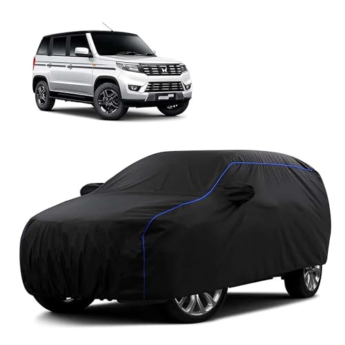 Image of Sulfar 100% Water Resistant Car Body Cover Compatible with Mirror for Mahindra Bolero Neo (Triple Stitched, Full Bottom Elastic, Black Tafetta with Blue Piping)