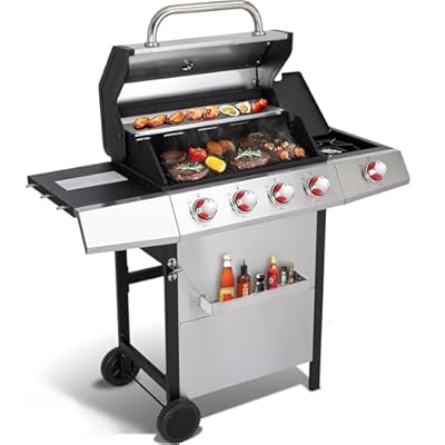 4 Burner Propane Gas Grill Combo w/Side Burner, 3-in-1 BBQ Grill with Charcoal Smoker & Griddle Plate, 46,750 BTU, 448 Sq.In. Stainless Steel Outdoor Cooking Station