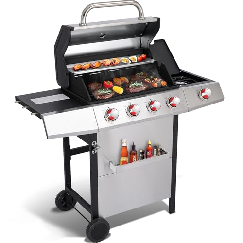 4 Burner Propane Gas Grill Combo w/Side Burner, 3-in-1 BBQ Grill with Charcoal Smoker & Griddle Plate, 46,750 BTU, 448 Sq.In. Stainless Steel Outdoor Cooking Station